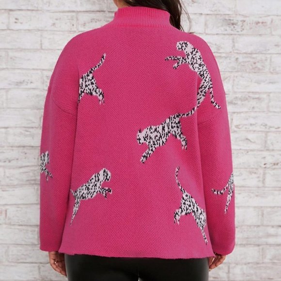 Plus Leopard Pattern Mock Neck Split Hem Sweater pink - Picture 3 of 5